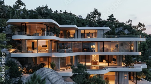 Big modern luxurious house on a complex terrain, a steep slope in front, with a mix of sloped and flat roofs, floor-to-ceiling windows, rectangular and curved windows. Generative AI.