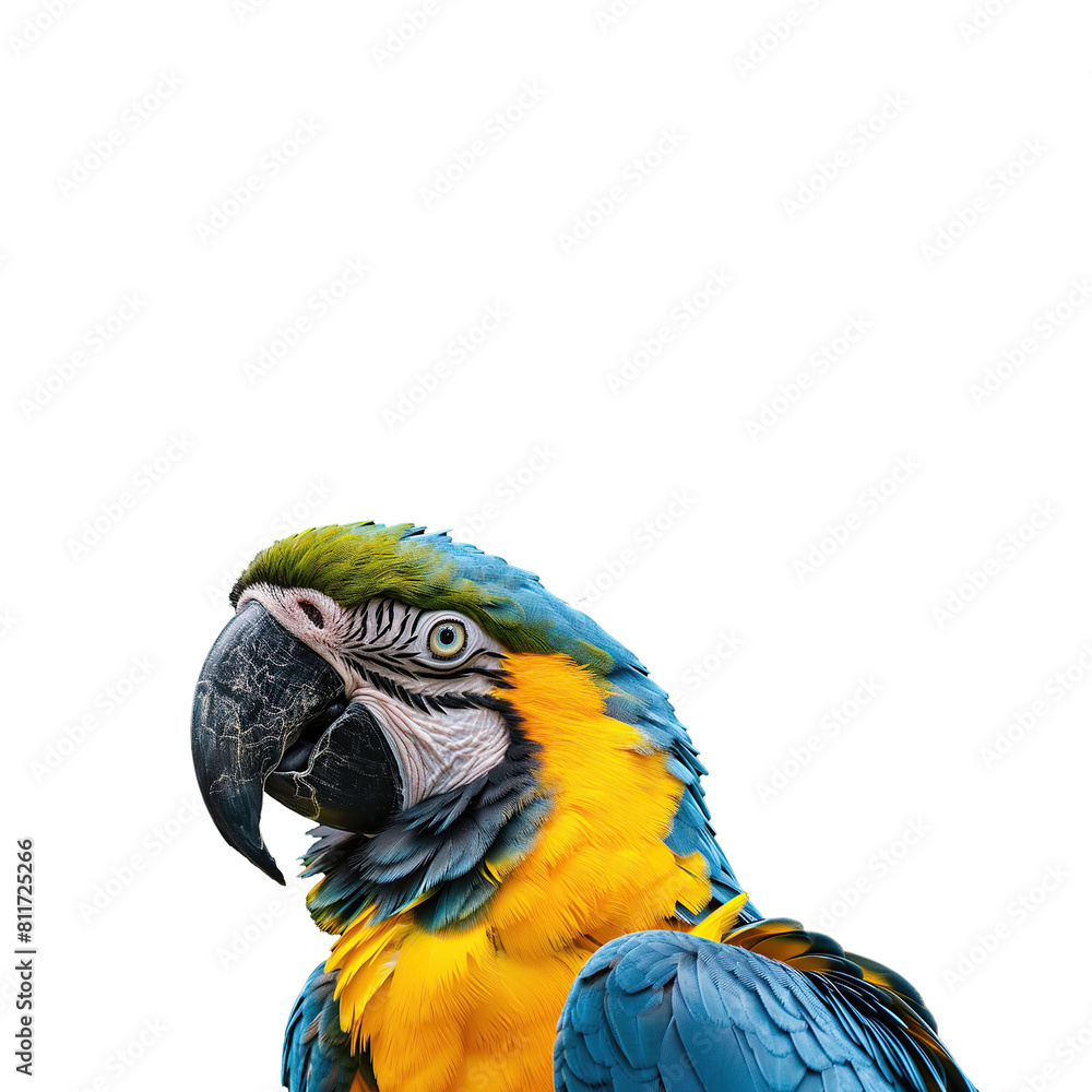 Flying macaw parrots set isolated on white background as transparent PNG. Image of animal.