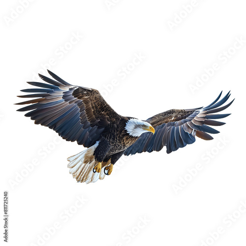 Bald eagle flying isolated on transparent background. PNG cut out. Full body of eagle  wings are spread. Image of animal.