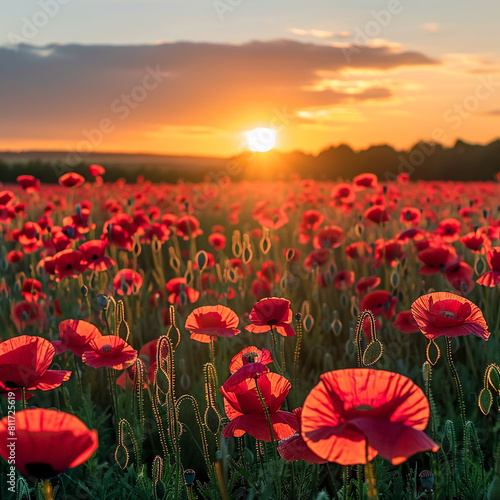 Dawn illuminates a field of poppies, evoking new beginnings and remembrance. photo