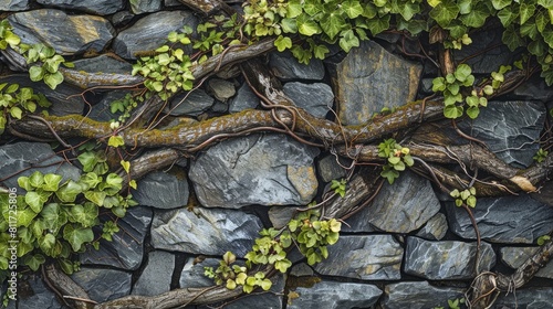 Plants interwoven into a stone wall