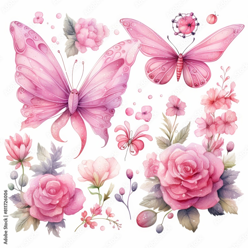 Pink flowers and butterflies. Watercolor set.