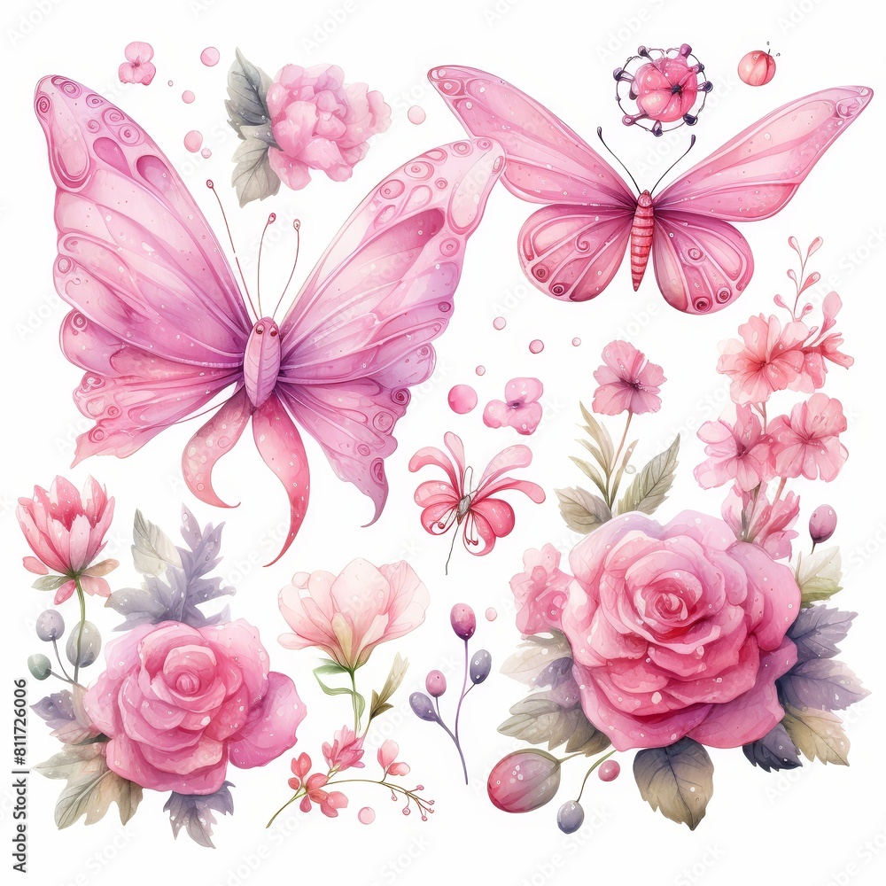 Pink flowers and butterflies. Watercolor set. Pink flowers and butterflies. Watercolor set.