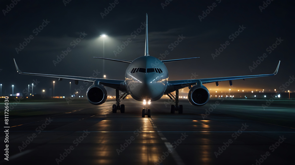 Front view of an airplane or aero plane running on the runway in night time, flight plane, flying Front view of an airplane or aero plane running on the runway in night time, flight plane, flying