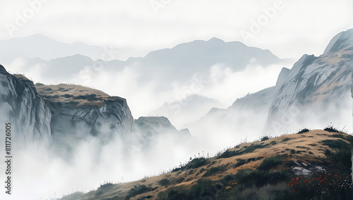 Minimalistic view of mountain landscape with mist and fog in the environment, mountains