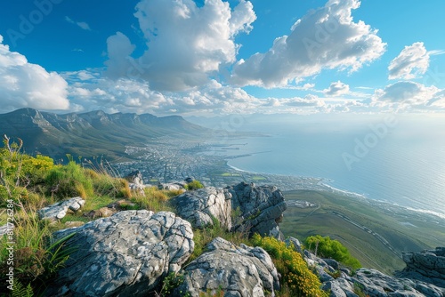 Coast and city view from the top of a mountain - Table Mountain, Cape Town, South Africa. Beautiful simple AI generated image in 4K, unique. photo