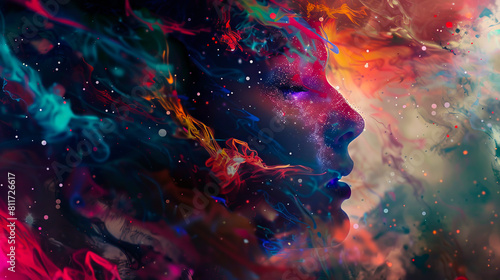 A woman's face in space with colorful smoke.