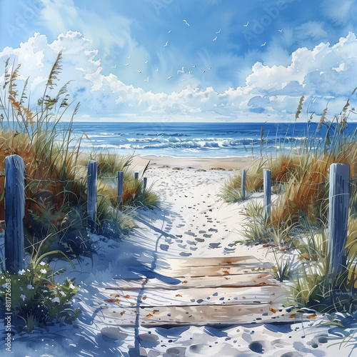 Realistic Sea beach background in watercolor style pink, blue beige pastel color, muted tones. Painting of sand dunes, path with foot step & sea. Sea side art banner with copy space.