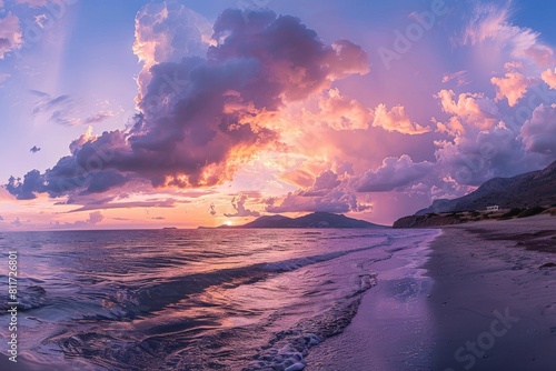 Beautiful summer sunset on Mirtos beach in Greece - panorama. Beautiful simple AI generated image in 4K, unique.