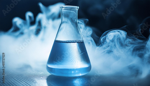 Glass Erlenmeyer flask, transparent test tube with smoke effect. Chemical laboratory.