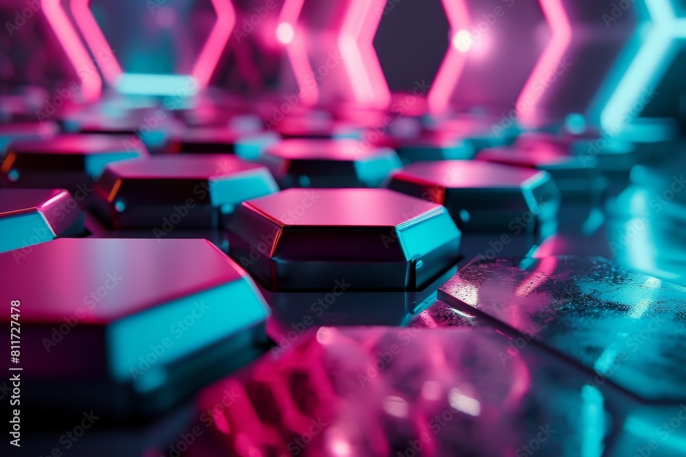 Obraz premium Hexagonal Background with Colorful and Glowing Neon Effect, Neon Hexagons Background, 3d rendering of abstract background with hexagons in neon light, AI generated