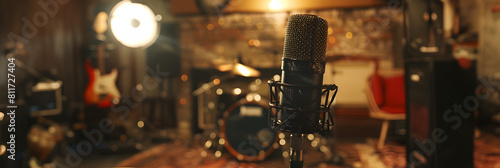 A professional black microphone in a cozy studio, symbolizing musical entertainment.