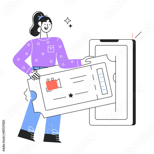 Easy to edit doodle mini illustration of online ticket 