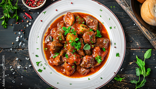 Goulash in tomato sauce with paprika A white plate with, top view photo