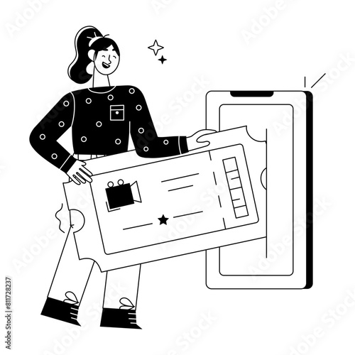 Easy to edit doodle mini illustration of online ticket 