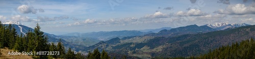 Panoramic view of a forest with coniferous trees, snow-capped peaks of the Carpathian Mountains, and a village nestled in the valley. © snapshotfreddy