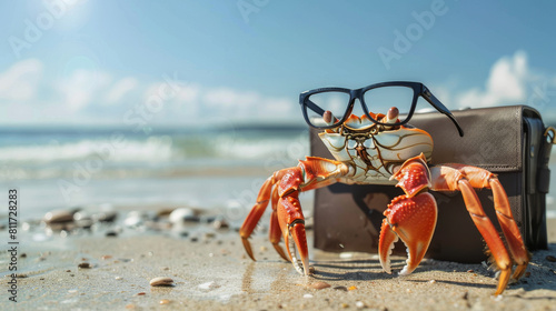 Crab in glasses, standing on a beach, with a briefcase and a pair of claws, copyspace, background
