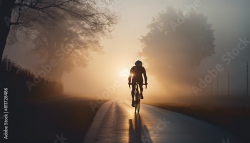 Side silhouette of person riding road bike in foggy weather at sunrise 