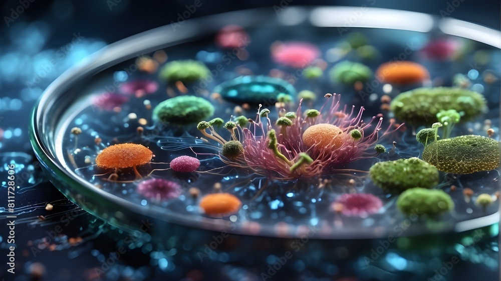 Bright range of microorganisms using generative artificial intelligence (AI) inside a petri dish plate in a lab with a super macro zoom background, including bacteria, protozoa, algae, and fungus. 
