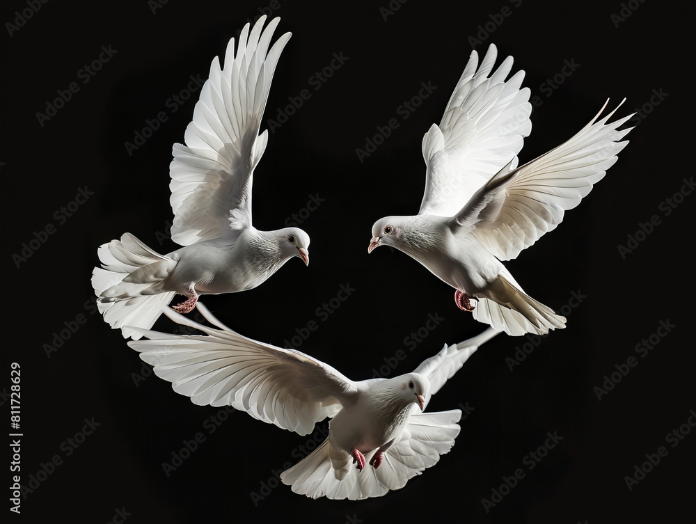 Three white doves flying in the air. Three white doves flying in the air.