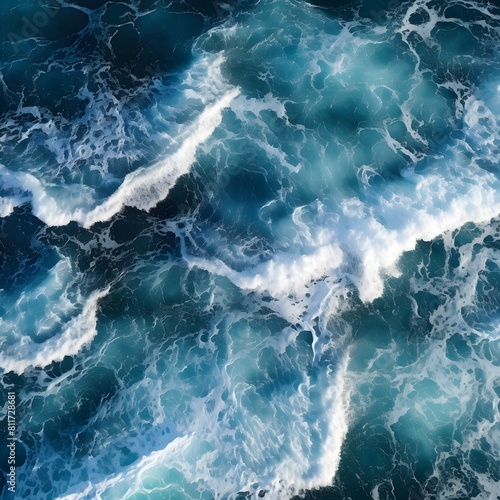 Aerial view of blue and white ocean waves. Generative AI.