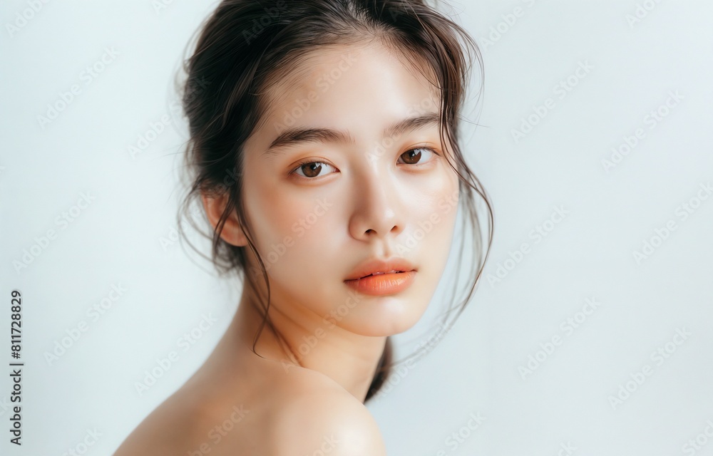Pure Natural Beauty of Young Korean Woman, Soft and Serene Look, Perfect for Skincare and Wellness Ads