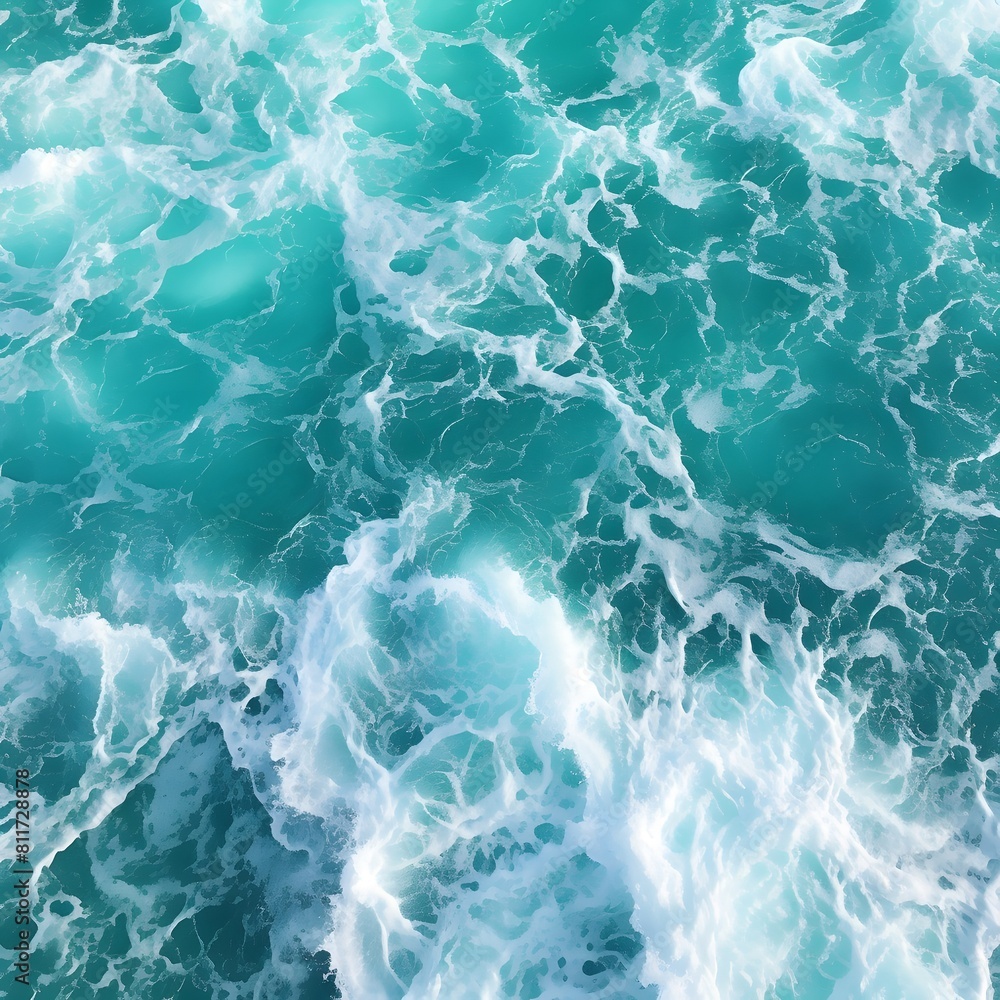 Aerial view of blue and white ocean waves. Generative AI.