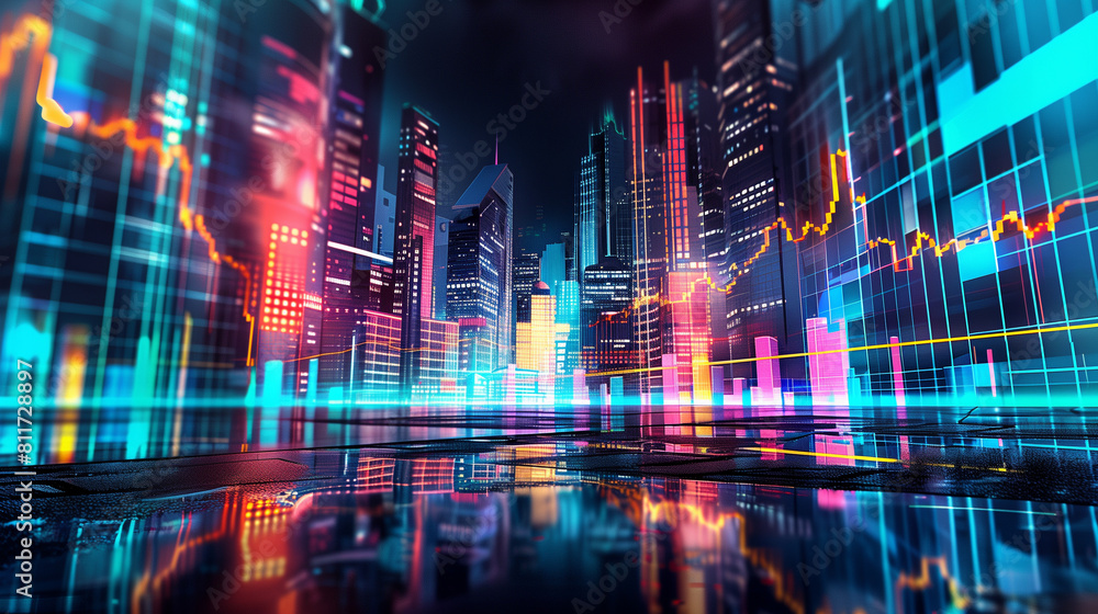 Futuristic Cityscape with Vibrant Financial Graphs Overlay, Concept of Economic Dynamics Futuristic Cityscape with Vibrant Financial Graphs Overlay, Concept of Economic Dynamics