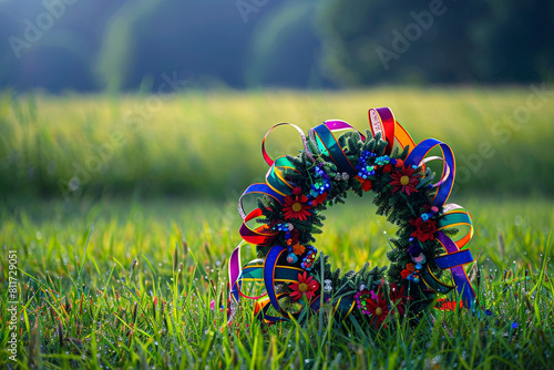 Tranquil meadow scene with a colorful ribbon Memorial Day wreath. photo