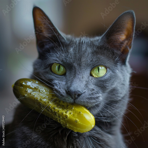 portrait of a cat and a pickle. the cat holds a pickle in its mouth.