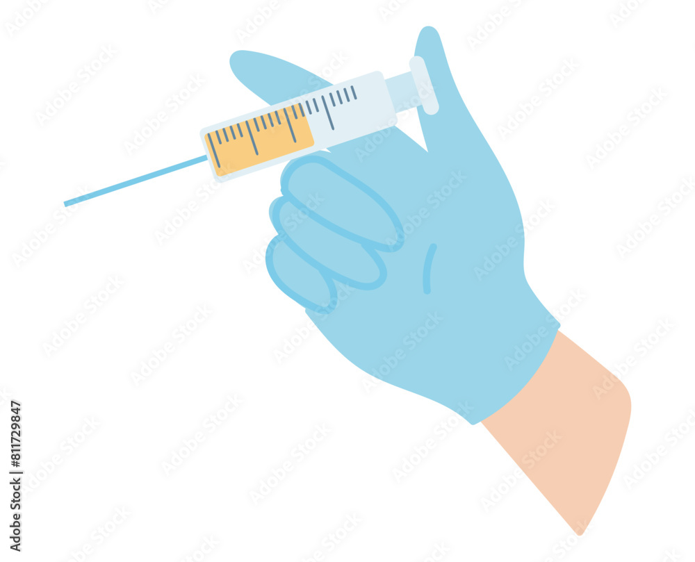 Vaccination injection in flat design. Doctor hand in glove holds syringe. Vector illustration isolated. Vaccination injection in flat design. Doctor hand in glove holds syringe. Vector illustration isolated.