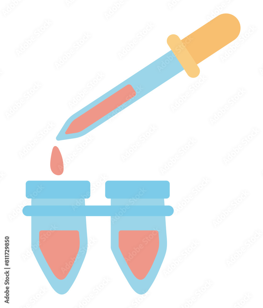 Pipette dropping in test tubes in flat design. Laboratory research flask. Vector illustration isolated. Pipette dropping in test tubes in flat design. Laboratory research flask. Vector illustration isolated.