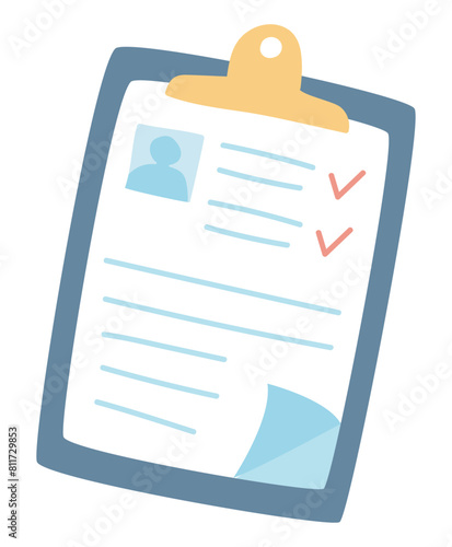 Patient medical record in flat design. Clinic document file on clipboard. Vector illustration isolated.