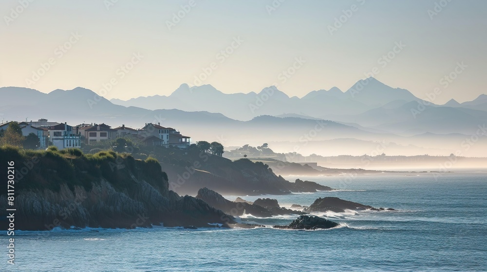 Sky and mountain view water waves crashing on rocks landscape background. Sky and mountain view water waves crashing on rocks landscape background.