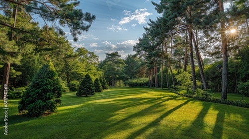 Garden with effectively maintained pine trees photo