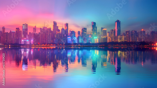 Vibrant Urban Cityscape at Dusk with Reflections and Illuminated Skyscrapers