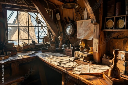 Interior of an old sailor seafaring ship, strewn with maps and equipment's, AI generated