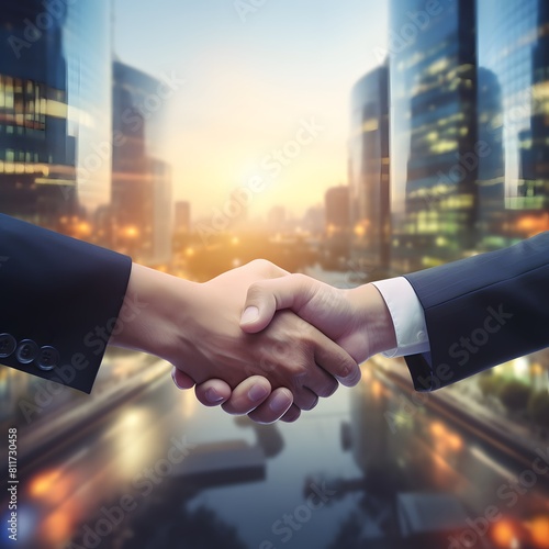 Business handshake over city background with copy space. Successful business agreement. Generative AI.
