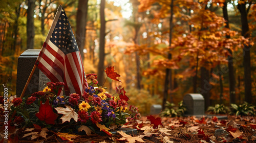 Autumn est backdrop  a Memorial Day flag and flowers at a veteran's grave. photo