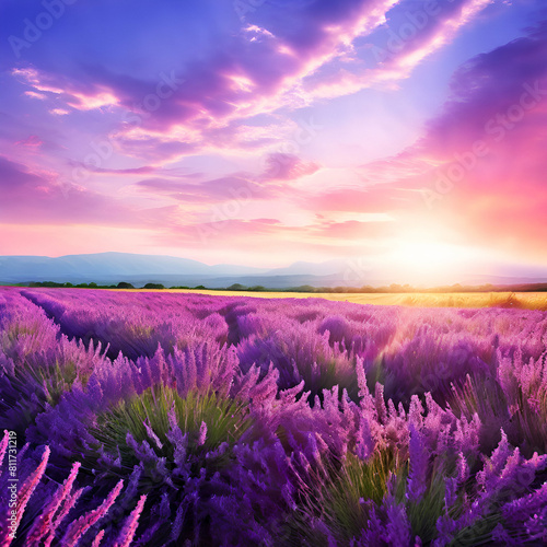 summer landscape with lavender field and ample for banner or advertisement generate ai