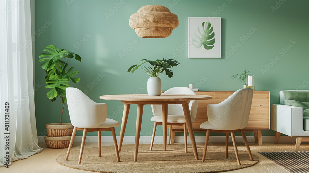 Obraz premium Mint Chairs at Wooden Dining Table in Living Room