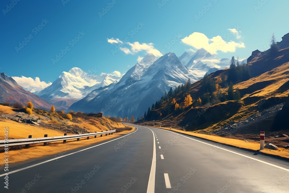 Colorful autumn landscape with forest and road 3D render image