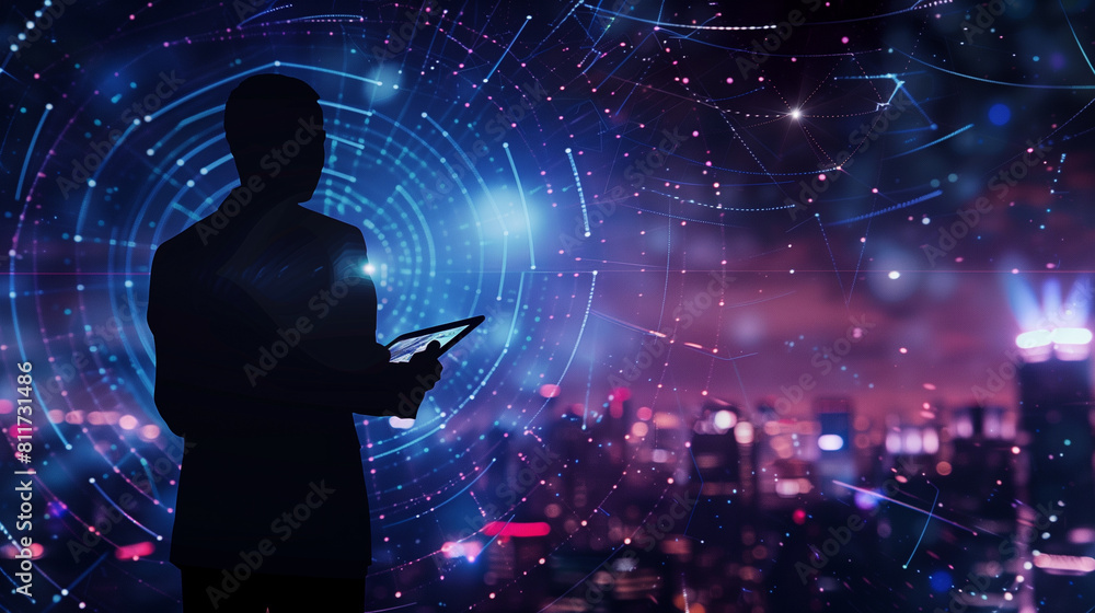Silhouette of a Man Interacting with a Futuristic Digital Data Interface Silhouette of a Man Interacting with a Futuristic Digital Data Interface