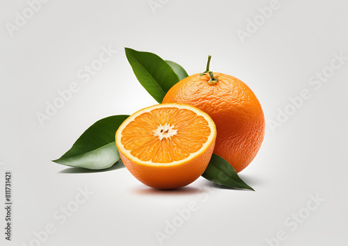 Two oranges with an orange slice and two leaves isolated on white background.