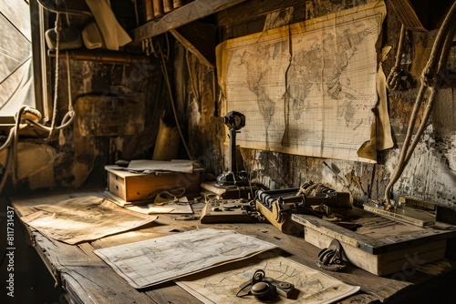 Interior of an old sailor seafaring ship, strewn with maps and equipment in cavin , AI-generated