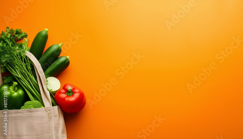 Vegetables and legumes in a cloth shopping bag on orange background, copy space for text 