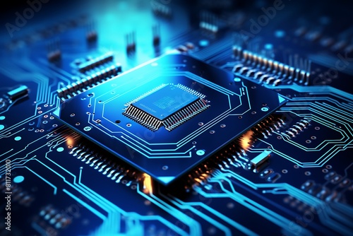 Close-up of electronic circuit board. 3d illustration. Technology background.