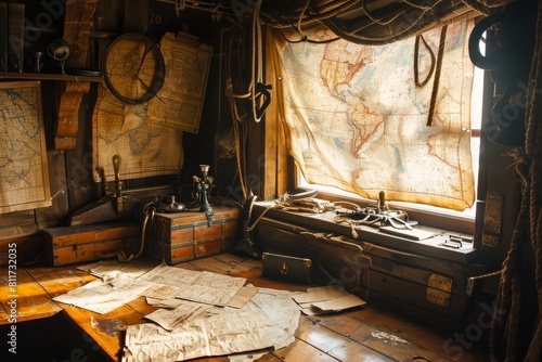 Interior of an old sailor seafaring ship, strewn with maps and equipment in cavin , AI-generated