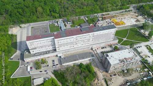 Aerial footage of the Saint George university hospital in Plovdiv.  Drone shot of the state medical hospital Sveti Georgi in the second largest city of Bulgaria. Brutalist architectures of surgeries.
 photo