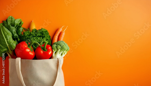 Vegetables and legumes in a cloth shopping bag on orange background, copy space for text 